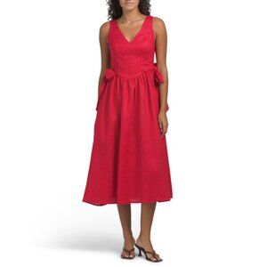 SOFIE THE LABEL Red Linen Blend Drop Waist V-neck Dress